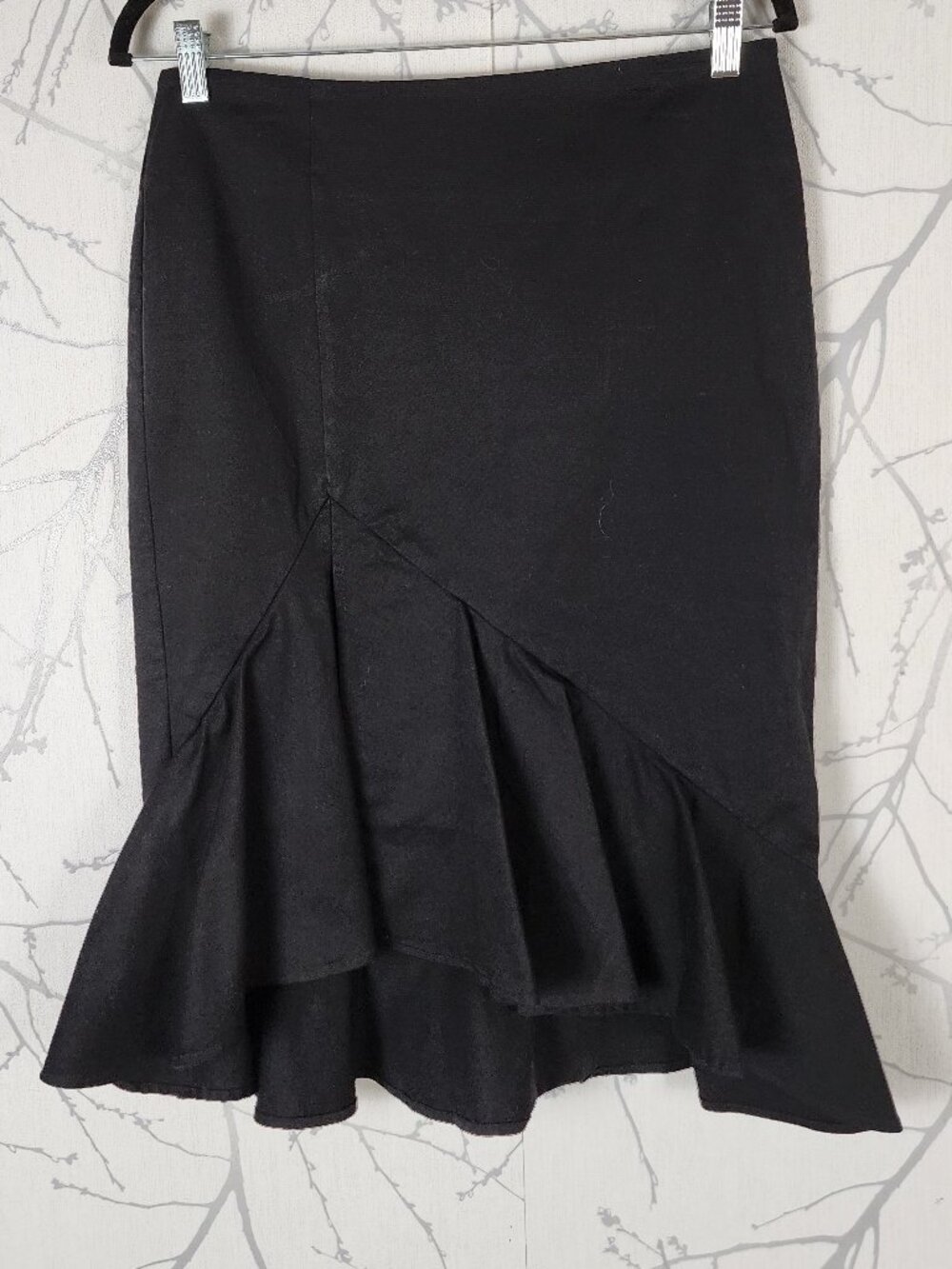 Lord & Taylor Black Cotton Stretch Pleated Ruffle Hem Pencil Skirt